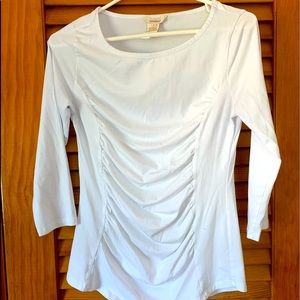 Pretty SUNDANCE SM white top/shirt -Gathered in front -3/4 sleeves- EUC